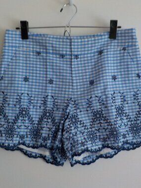 maison Jules Shorts - Size 8 - Cotton Blue/White Check Embroidered Pockets (747)